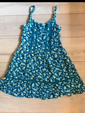 abercrombie kids Girls Floral Smocked Tiered Sundress Teal Blue Yellow Sz 11/12